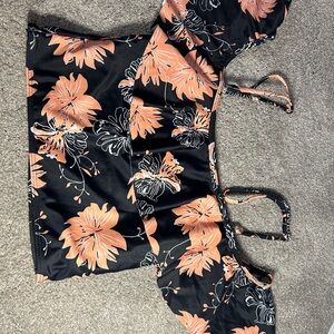 Floral Black and Orange Bikini Top